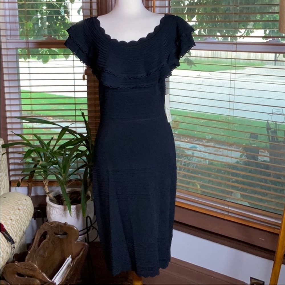 ELIZA J Women’s Black Off the Shoulder Sheath Dress Ruffle Neckline Size L NWT